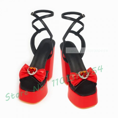 Heart Crystal Bow Platform Sandals for Women