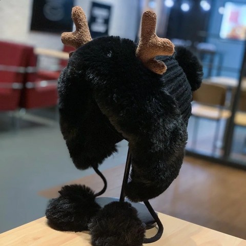 Cute Deer Horn Plush Hat for Women - Winter Warm Trapper Hat