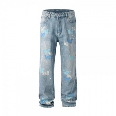 High Street Men's Washed Blue Skinny Jeans - Mid Rise Straight Fit Denim Trousers