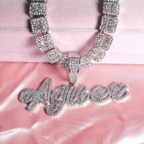 Customizable Iced Out Cursive Letter Pendant Necklace with Rhinestone Baguettes for Women