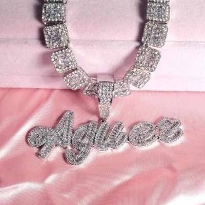 Customizable Iced Out Cursive Letter Pendant Necklace with Rhinestone Baguettes for Women
