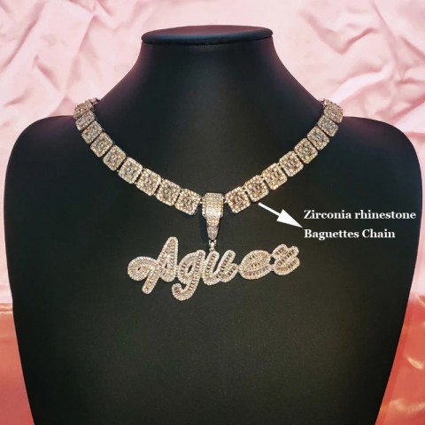 Customizable Iced Out Cursive Letter Pendant Necklace with Rhinestone Baguettes for Women