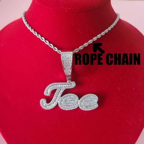 Customizable Iced Out Cursive Letter Pendant Necklace with Rhinestone Baguettes for Women