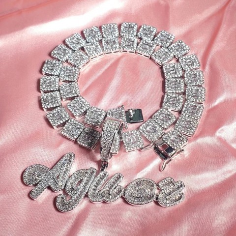 Customizable Iced Out Cursive Letter Pendant Necklace with Rhinestone Baguettes for Women