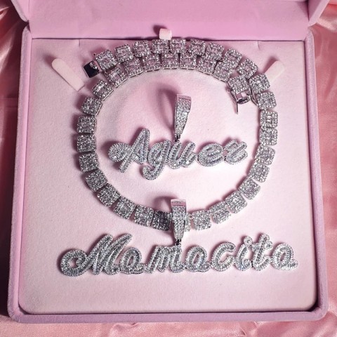 Customizable Iced Out Cursive Letter Pendant Necklace with Rhinestone Baguettes for Women