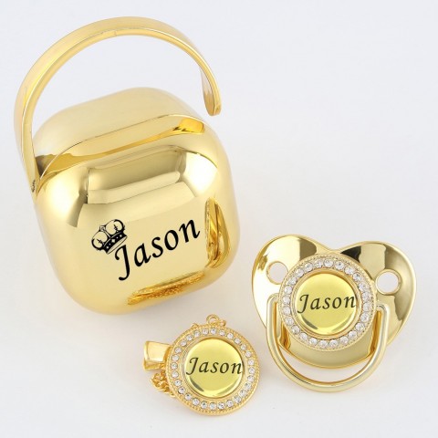 Luxury Any Name Personalized Gold Bling Pacifier Chain Clip Set for Babies