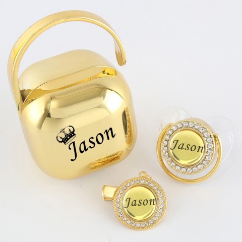 Luxury Any Name Personalized Gold Bling Pacifier Chain Clip Set for Babies