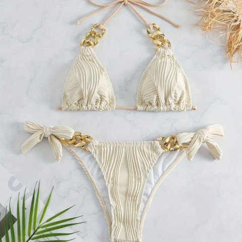 Golden Chain Striped Triangle Halter Top Swimwear for Women - Comfortable & Stylish