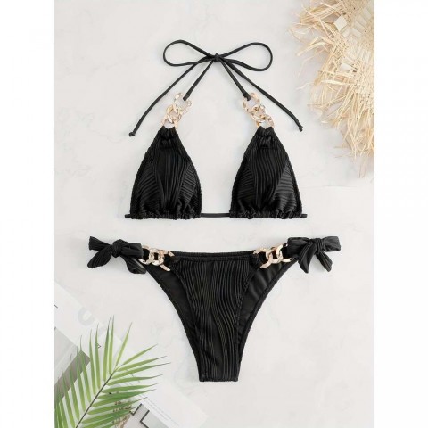 Golden Chain Striped Triangle Halter Top Swimwear for Women - Comfortable & Stylish