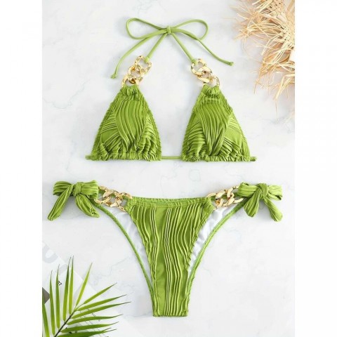 Golden Chain Striped Triangle Halter Top Swimwear for Women - Comfortable & Stylish