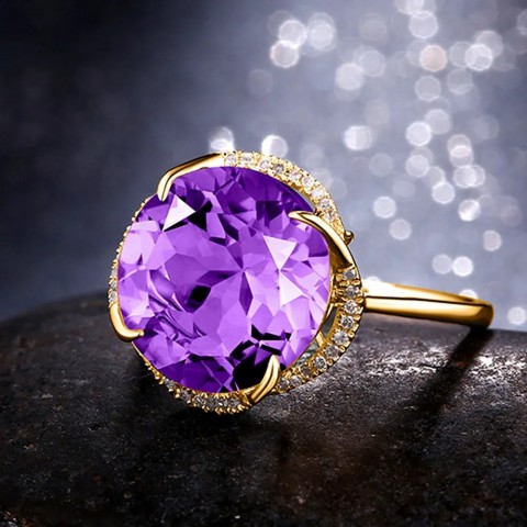 Fashion Women's 18k Gold Purple Amethyst Zircon Solitaire Ring for Beach Wear