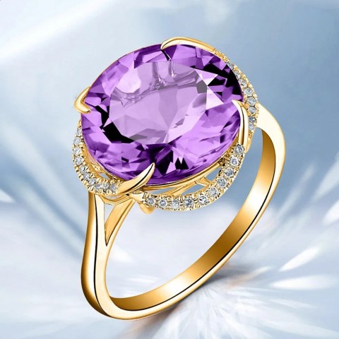Fashion Women's 18k Gold Purple Amethyst Zircon Solitaire Ring for Beach Wear