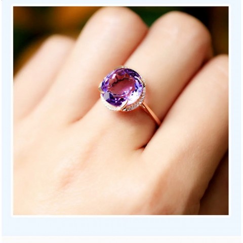 Fashion Women's 18k Gold Purple Amethyst Zircon Solitaire Ring for Beach Wear