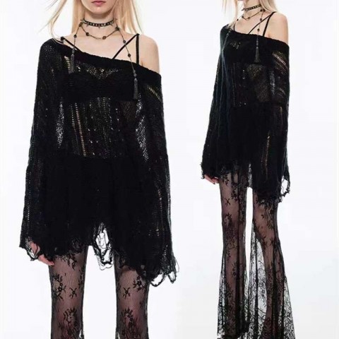 Hollow Out Y2K Women's T-Shirts Batwing Sleeve Knitted Fashion Tops for Spring Autumn 2024