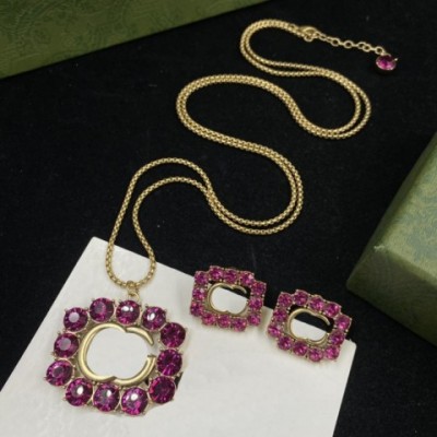 Shiny Diamond Long Necklace & Red Crystal Earrings Jewelry Set for Women