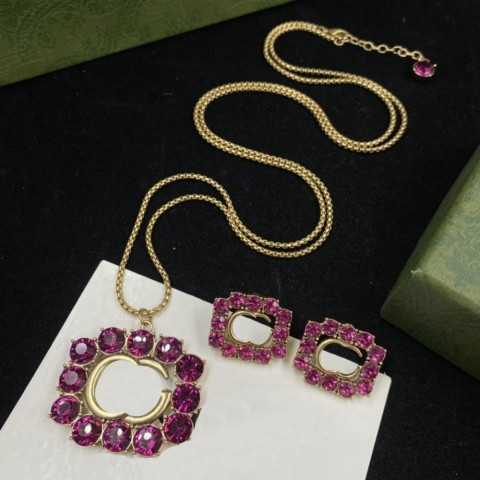 Shiny Diamond Long Necklace & Red Crystal Earrings Jewelry Set for Women