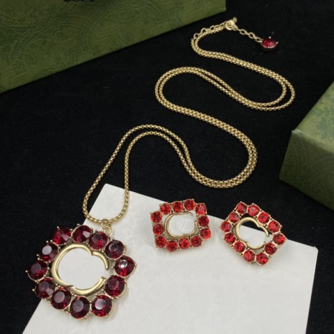 Shiny Diamond Long Necklace & Red Crystal Earrings Jewelry Set for Women
