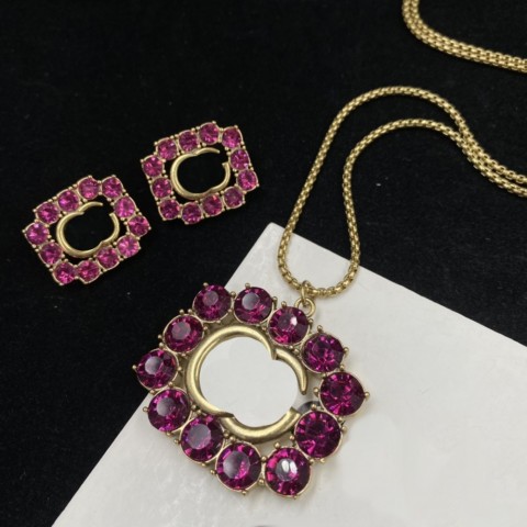 Shiny Diamond Long Necklace & Red Crystal Earrings Jewelry Set for Women