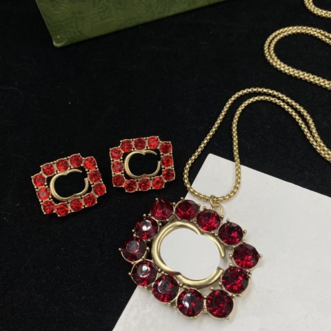Shiny Diamond Long Necklace & Red Crystal Earrings Jewelry Set for Women