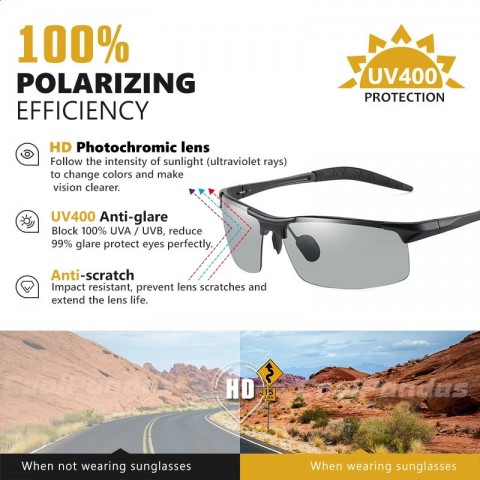 CoolPandas Men's Outdoor Sport Rimless Polychromic Sunglasses - Day & Night Adaptive