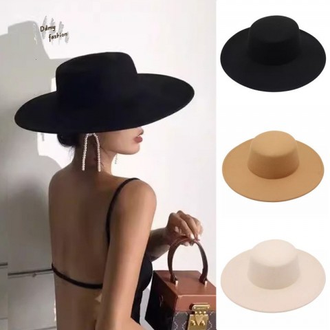 Autumn Winter Wool Felt Hat - Wide Brim Flat Top Women's French Style