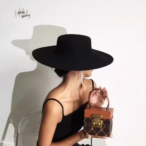 Autumn Winter Wool Felt Hat - Wide Brim Flat Top Women's French Style