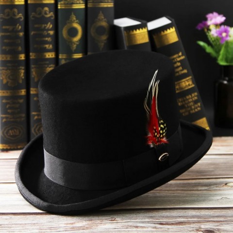 Wide Brim Fedora Hat in Neutral Colors for Men - Wool Top with Feather Accessories