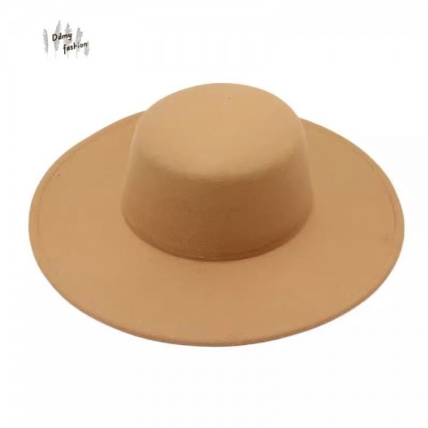Autumn Winter Wool Felt Hat - Wide Brim Flat Top Women's French Style