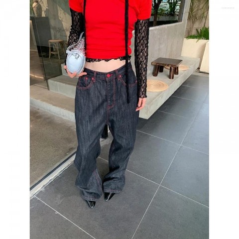 Women's High Waisted Embroidered Baggy Jeans - Loose Fit Casual Street Fashion