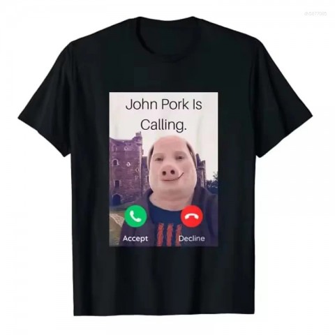 Men's Humorous 3D Printed T-Shirt "John Pork Is Calling" - Black Short Sleeve