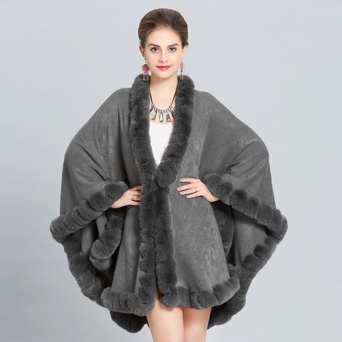 Luxury Handcrafted Faux Rex Rabbit Fur Cape Coat for Women - Soft Cashmere Blend