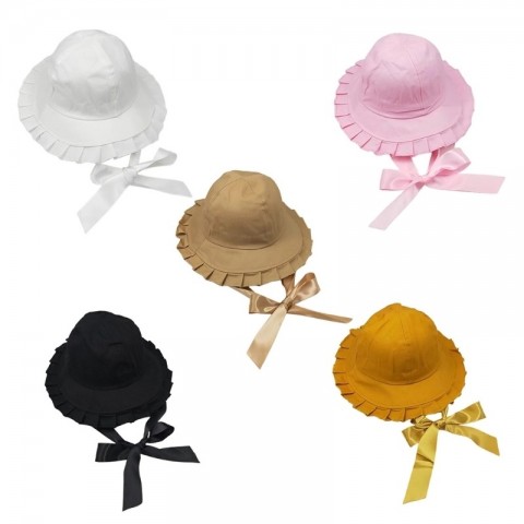 Sweet Ruffles Wide Brim Bucket Hat for Women with Long Ribbon Lolita Style 220506