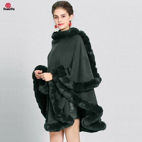 Luxury Handcrafted Faux Rex Rabbit Fur Cape Coat for Women - Soft Cashmere Blend