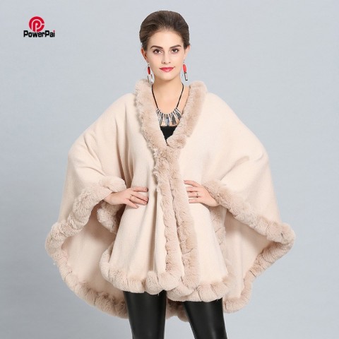 Luxury Handcrafted Faux Rex Rabbit Fur Cape Coat for Women - Soft Cashmere Blend