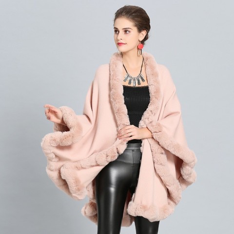 Luxury Handcrafted Faux Rex Rabbit Fur Cape Coat for Women - Soft Cashmere Blend