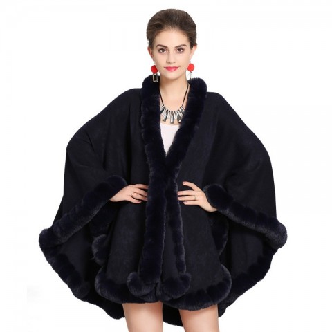 Luxury Handcrafted Faux Rex Rabbit Fur Cape Coat for Women - Soft Cashmere Blend