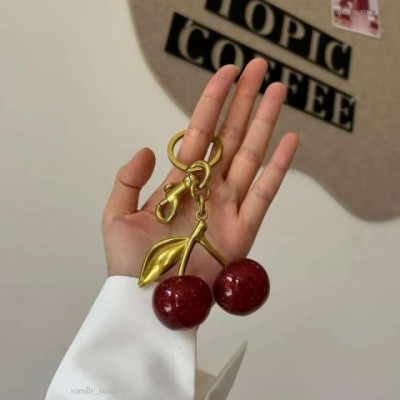 Lovely FA080 Vintage Cherry Design Keychain, Rhodium Plated Metal Parts, Red Aventurine, Simple Fashion Keyring