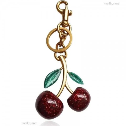 Lovely FA080 Vintage Cherry Design Keychain, Rhodium Plated Metal Parts, Red Aventurine, Simple Fashion Keyring