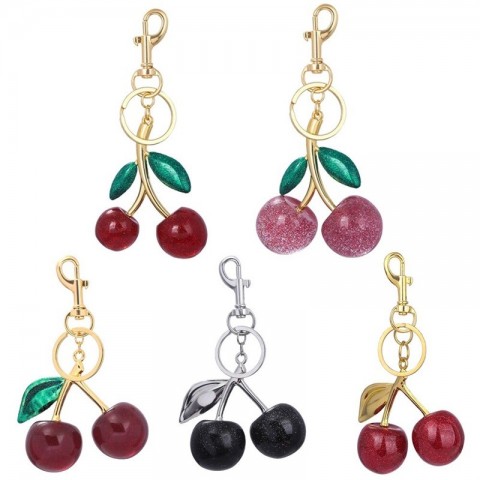 Lovely FA080 Vintage Cherry Design Keychain, Rhodium Plated Metal Parts, Red Aventurine, Simple Fashion Keyring