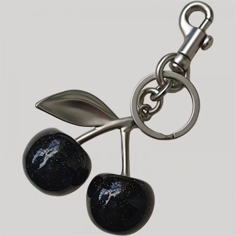 Lovely FA080 Vintage Cherry Design Keychain, Rhodium Plated Metal Parts, Red Aventurine, Simple Fashion Keyring
