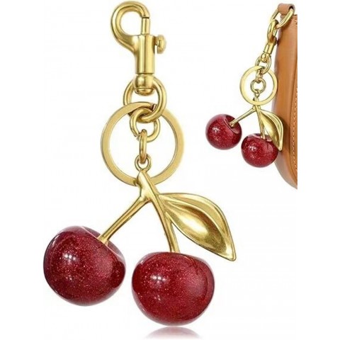 Lovely FA080 Vintage Cherry Design Keychain, Rhodium Plated Metal Parts, Red Aventurine, Simple Fashion Keyring