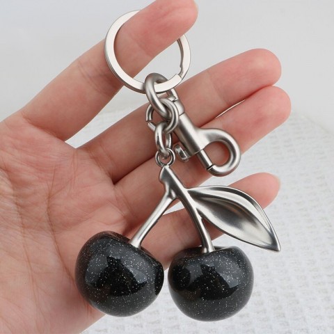 Lovely FA080 Vintage Cherry Design Keychain, Rhodium Plated Metal Parts, Red Aventurine, Simple Fashion Keyring