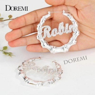 Doremi Personalized Bamboo Name Earrings for Women - Bling Trapezoidal Drop Earrings