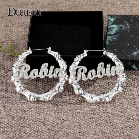 Doremi Personalized Bamboo Name Earrings for Women - Bling Trapezoidal Drop Earrings