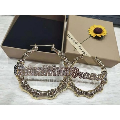 Doremi Personalized Bamboo Name Earrings for Women - Bling Trapezoidal Drop Earrings