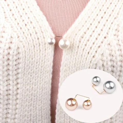 Womens Elegant Tight Waistband Pin Double Pearl Brooch Metal Lapel Cardigan 241210