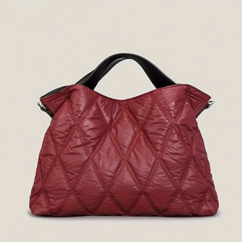 Trendy Women's Quilted Rhombus Nylon Shoulder Tote, Soft & Padded
