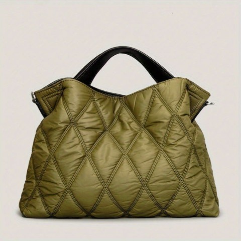 Trendy Women's Quilted Rhombus Nylon Shoulder Tote, Soft & Padded