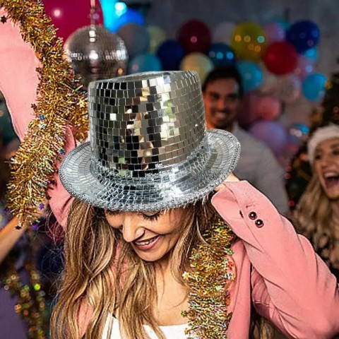 Disco Top Hat with Mirror - Unisex Glitter Costume Hat for Dance Nightclub Events