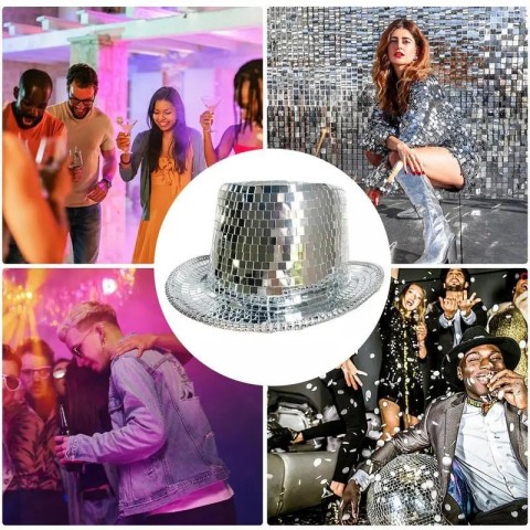 Disco Top Hat with Mirror - Unisex Glitter Costume Hat for Dance Nightclub Events